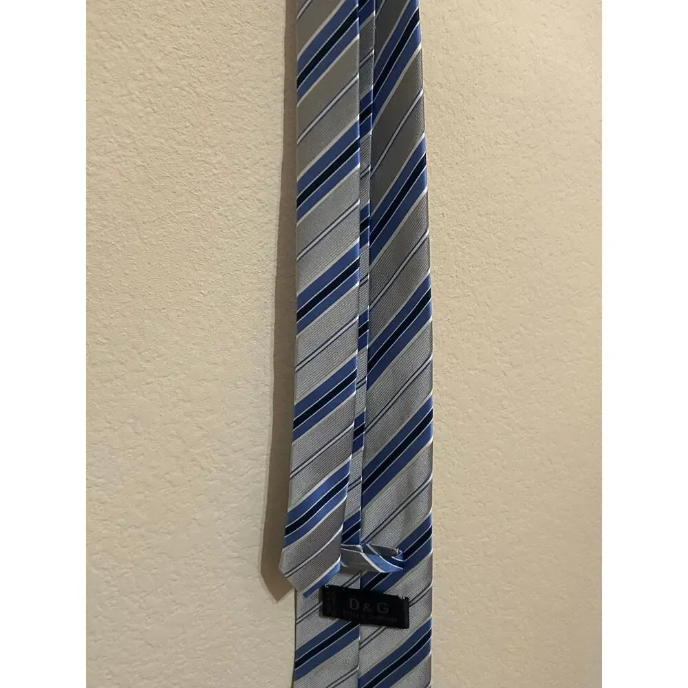 Dolce & Gabbana Tie Silver Blue Stripes Silk Necktie Designer Luxury Formal